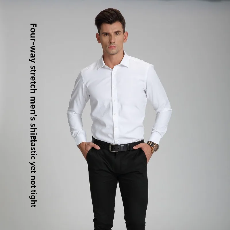 

Busin Sle Men's irt Four-Sided Elastic No Ironing Simple Design Long Sve Slim Fit Daily Wear Pure Color Square Collar