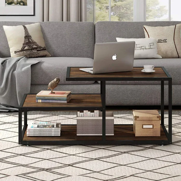

-Home Industrial Metal Frame Side Coffee Table With Storage Shelf