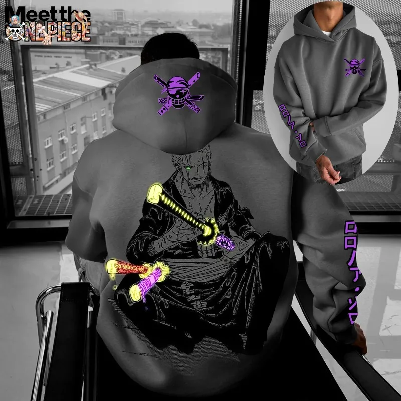 

2025 Классический аниме цельный карман с принтом, свободная осенне-зимняя Y2K, высококачественная плюшевая толстовка большого размера для мужчин и женщин