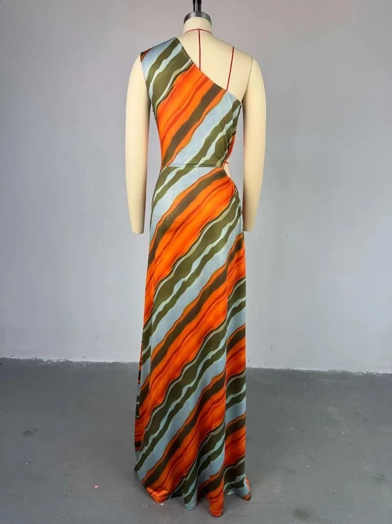 2025 Striped Print Party Maxi Dress Women Elegant One Shoulder Sleeveless Hollow Out A-line Club Long Dresses Vestidos Largos