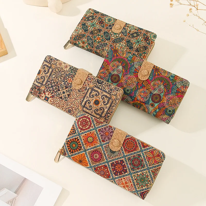 8pcs Wallet For Women Cork Leather Big Rose Grid Printing Multifunctional Phone Long Card Holder