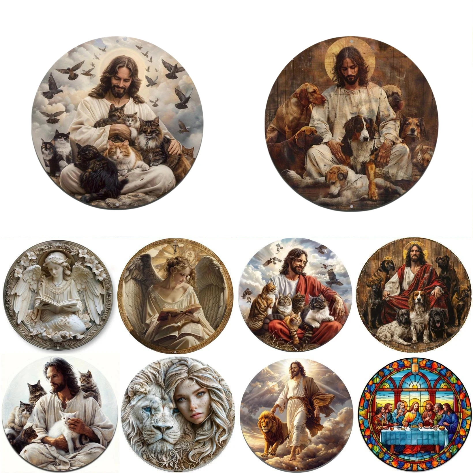 أطباق زخرفية معدنية مستديرة من الألومنيوم ، ملاك مع موضوع Jesus ، سطح مكتب فني ، منزل ، مكتب ، كنيسة ، مقهى ، نادي ، ساحة ، ديكور حائط #1