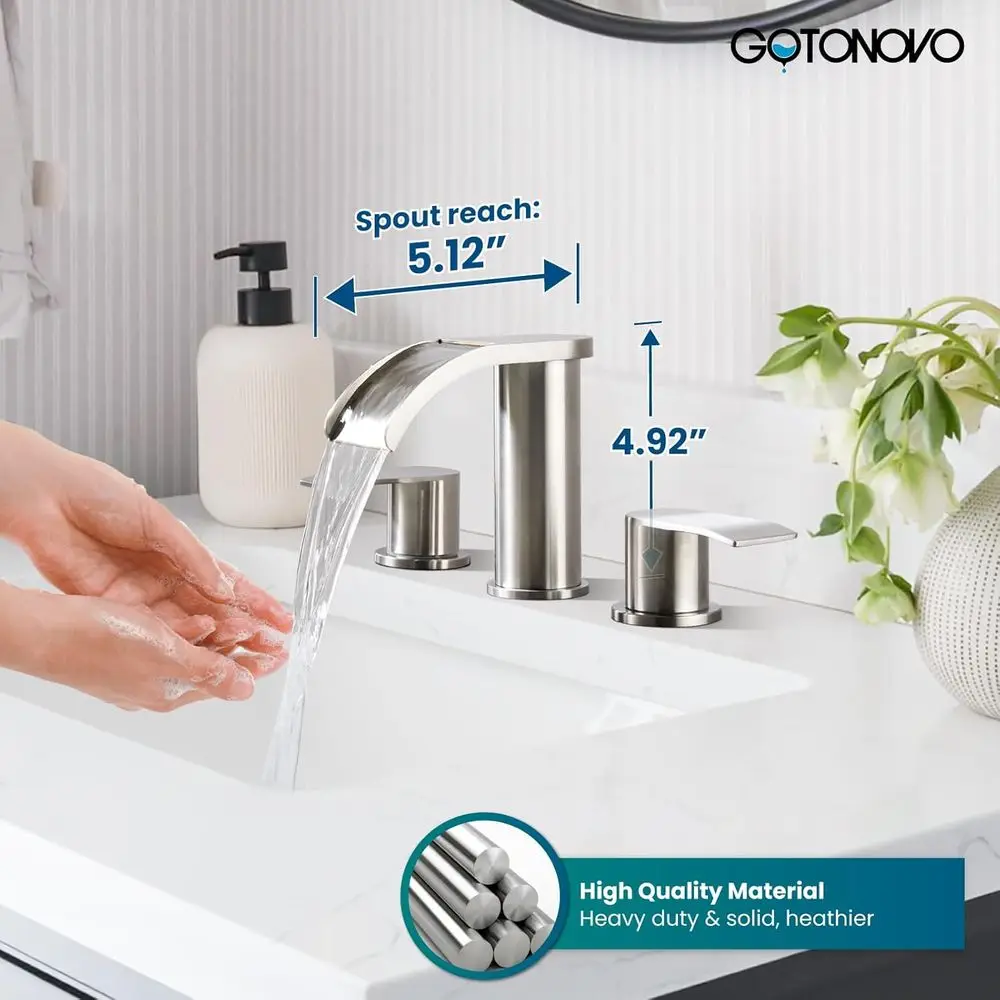 مجموعة 8 صنابير حوض الحمام واسعة الانتشار مع 3 فتحات ومقابض وصرف منبثق وخطوط مائية من النيكل المصقول