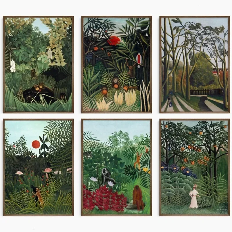 Multiple sizes 1pc frameless Canvas Painting,Vintage Henri Rousseau Poster Merry Jesters Tropical Jungle Forest Animal Landscape