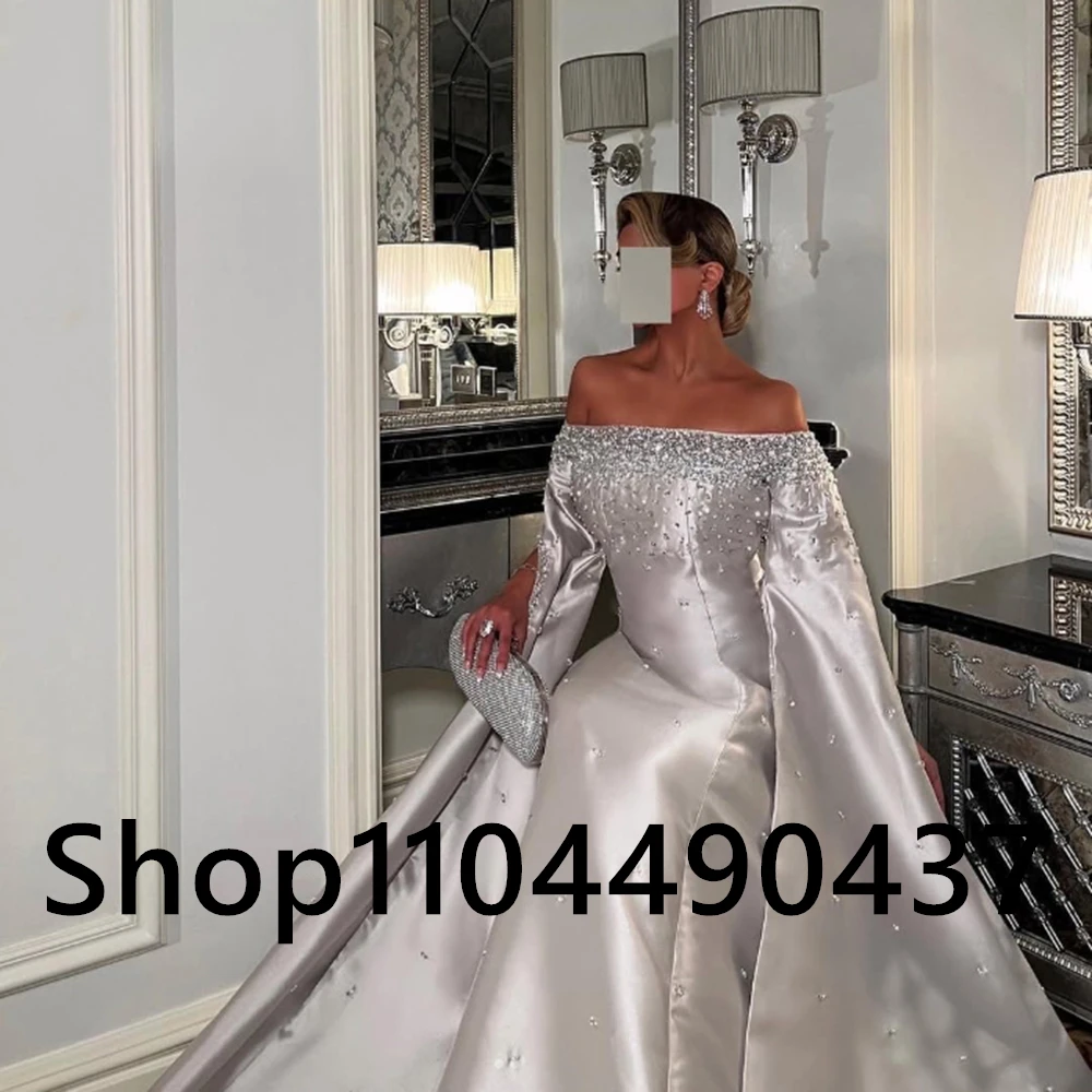 Customized Boat Neck Silver Satin A-line Evening Dress Sequined Beading Sleeveless Backless Floor Length Pageant Party Prom Gown image 4