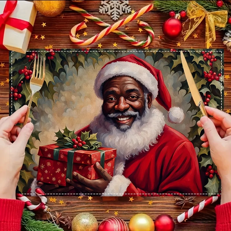 4pcs, Black Santa Claus Placemat, Rectangular Table Mat, Holly Berry Table Mat, Suitable for Happy New Year Holiday Dining