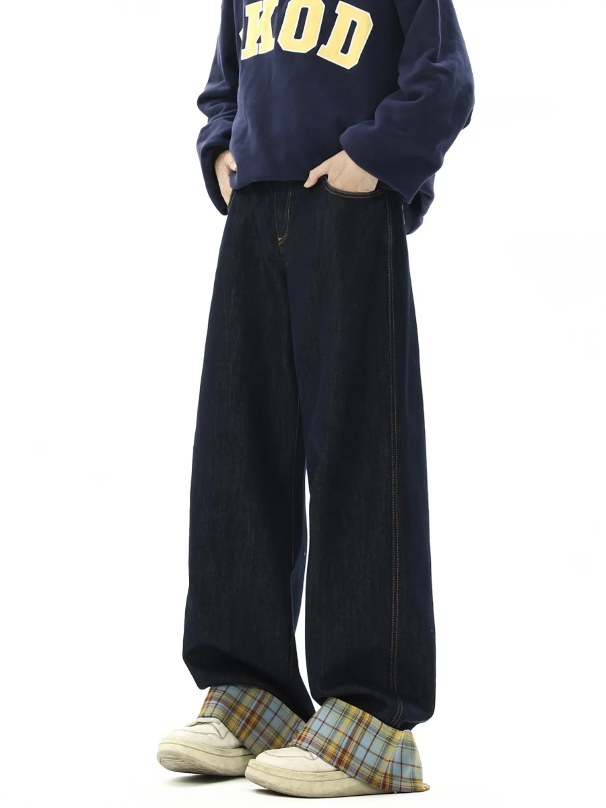

American Retro Denim Men's Jeans Loose Straight Tube Design Plaid Cuffed Wide Leg Trendy Long Pants Cotton Polyester Blend
