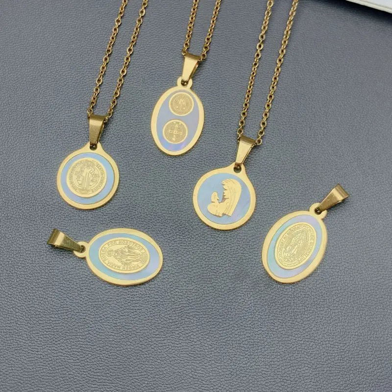 

New Stainless Steel Virgin Mary Guadalupe Oval Pendant Necklace For Women Saint Benedict Cross Religious Charm Jewelry Gifts