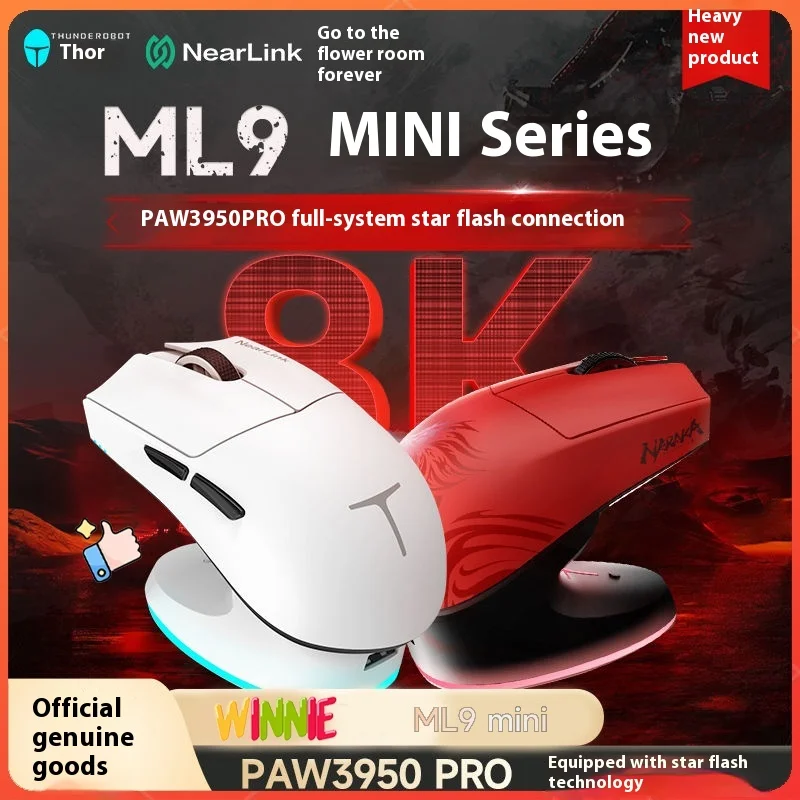 Thunderobot Ml9 Mini Gaming Mouse Tri-Mode Wireless Paw3950 Lightweight Flash Connection Customized Gaming Mouse Pc Accessories