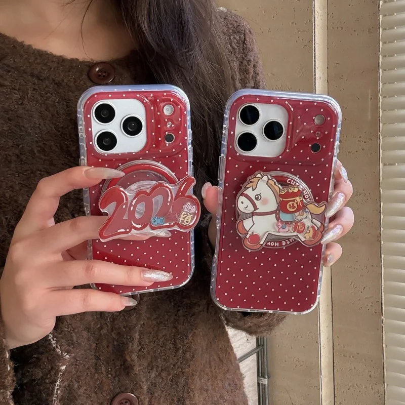 

Cute Red Polka Dots Magsafe Wireless Charge Phone Case For iPhone 13 14 15 16 17 Pro Max Funny Cartoon horse Magnetic Holder ﻿