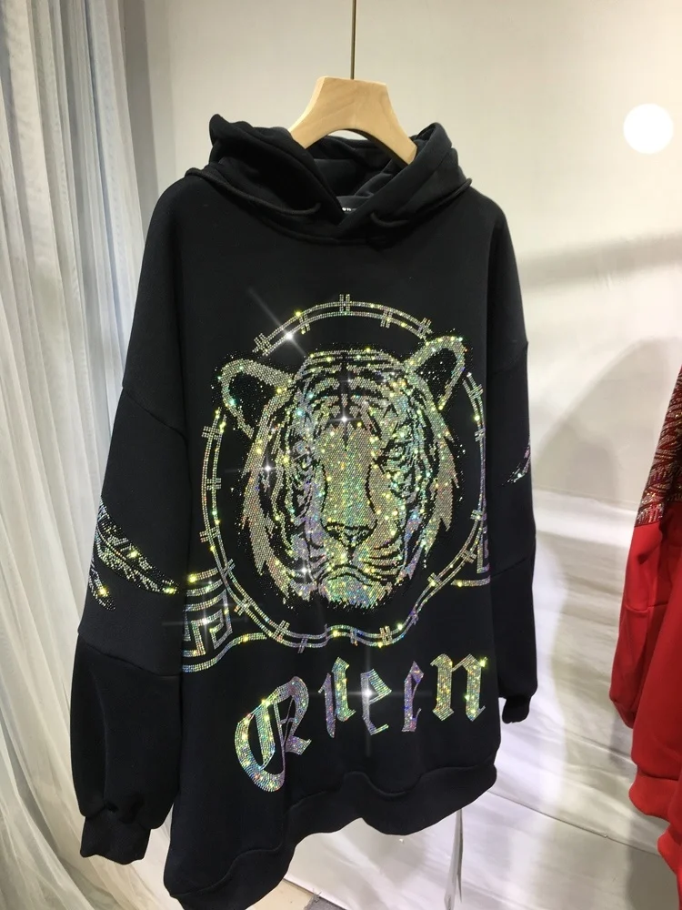 Tiger Blingbling Rhinestone Fleece Sweatshirt 2023 New Autumn Winter Hooded Pullovers Top Mid-length Streetwear Trendy Hoodies