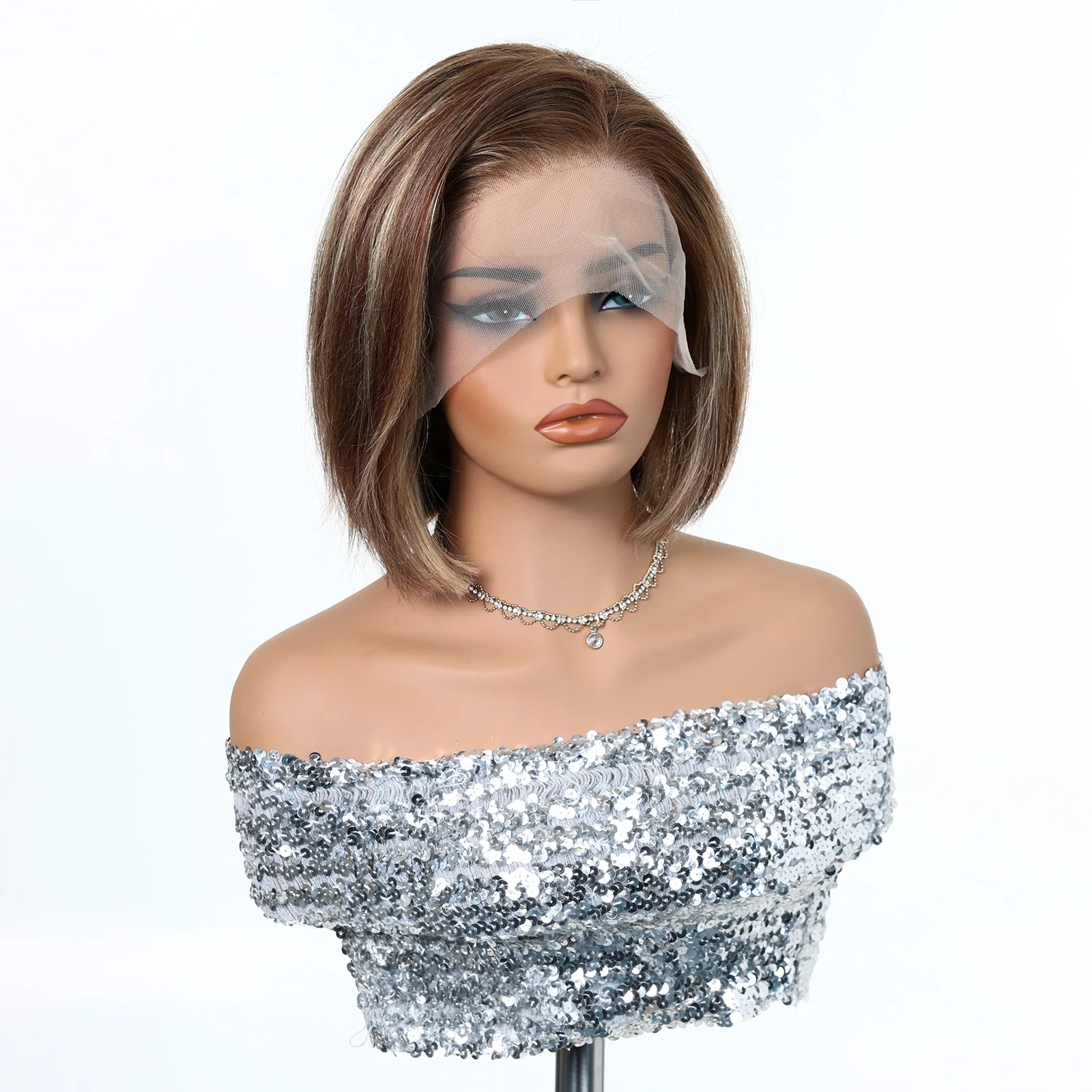 Chocolate Brown With Blonde Highlights Human Hair Wigs for Women Short Straight Bob Wigs 13*4 Lace Frontal Wigs Natural Hairline