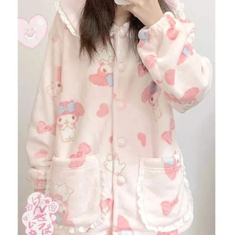 Sanrio Melody Cute Pajamas Women 2023 Autumn Winter Thick Doll Neck Pijama Sleepwear Girl Fashion Kawaii Top Pants Two-piece Set