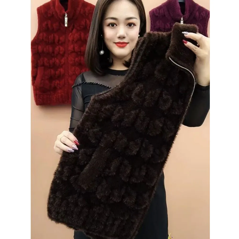 Elegant Mother Winter Clothes Mink Velvet Coat Autumn Middle-aged Women Knitted Vest Thicken Sleeveless Jacket Cardigan Sweater