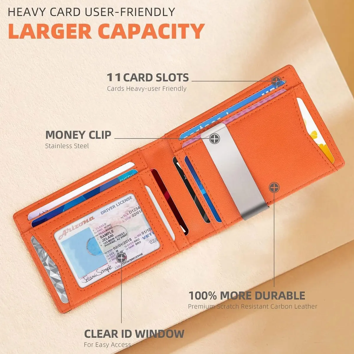 RFID Blocking Carbon Fiber Leather Wallet with Money Clip 11 Card Slots ID Window Ultra Slim Front Pocket Anti Theft Men