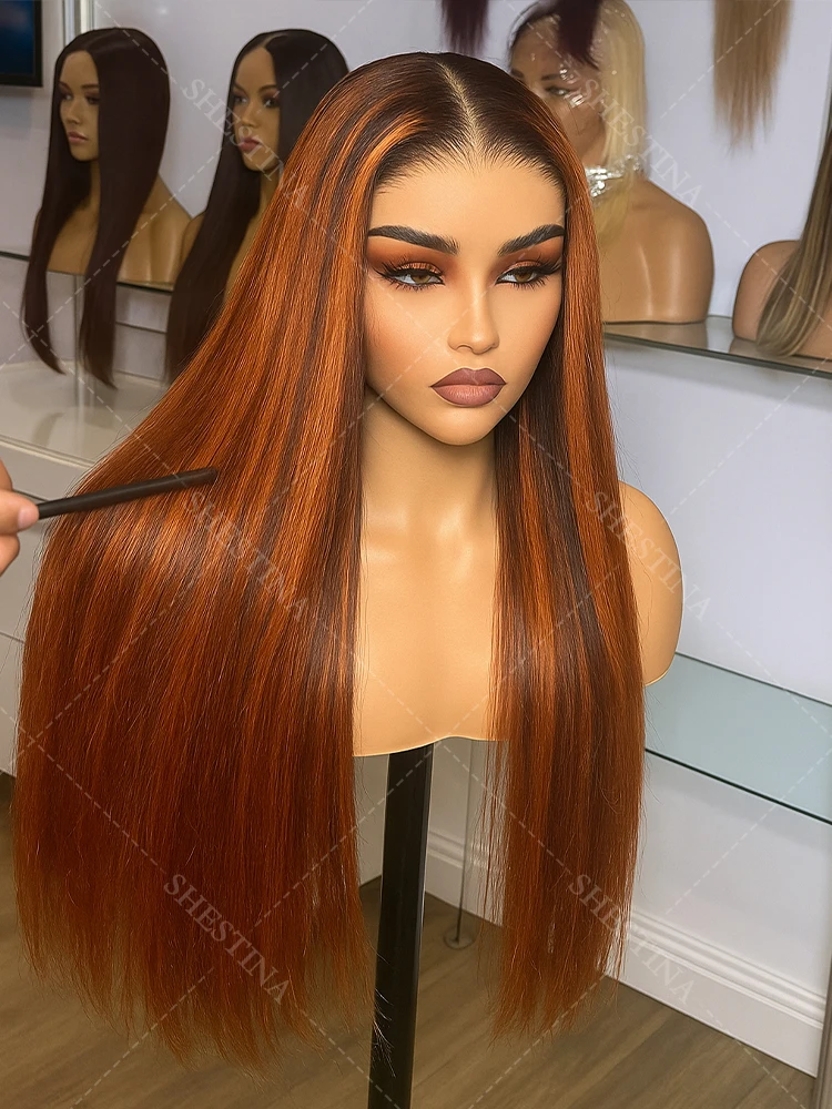 

#4/350 Ginger Mixed Brown Ginger Highlight Ombre Long Silky Straight Human Hair Wigs Vietnamese 5x5 Lace Front Glueless Wigs