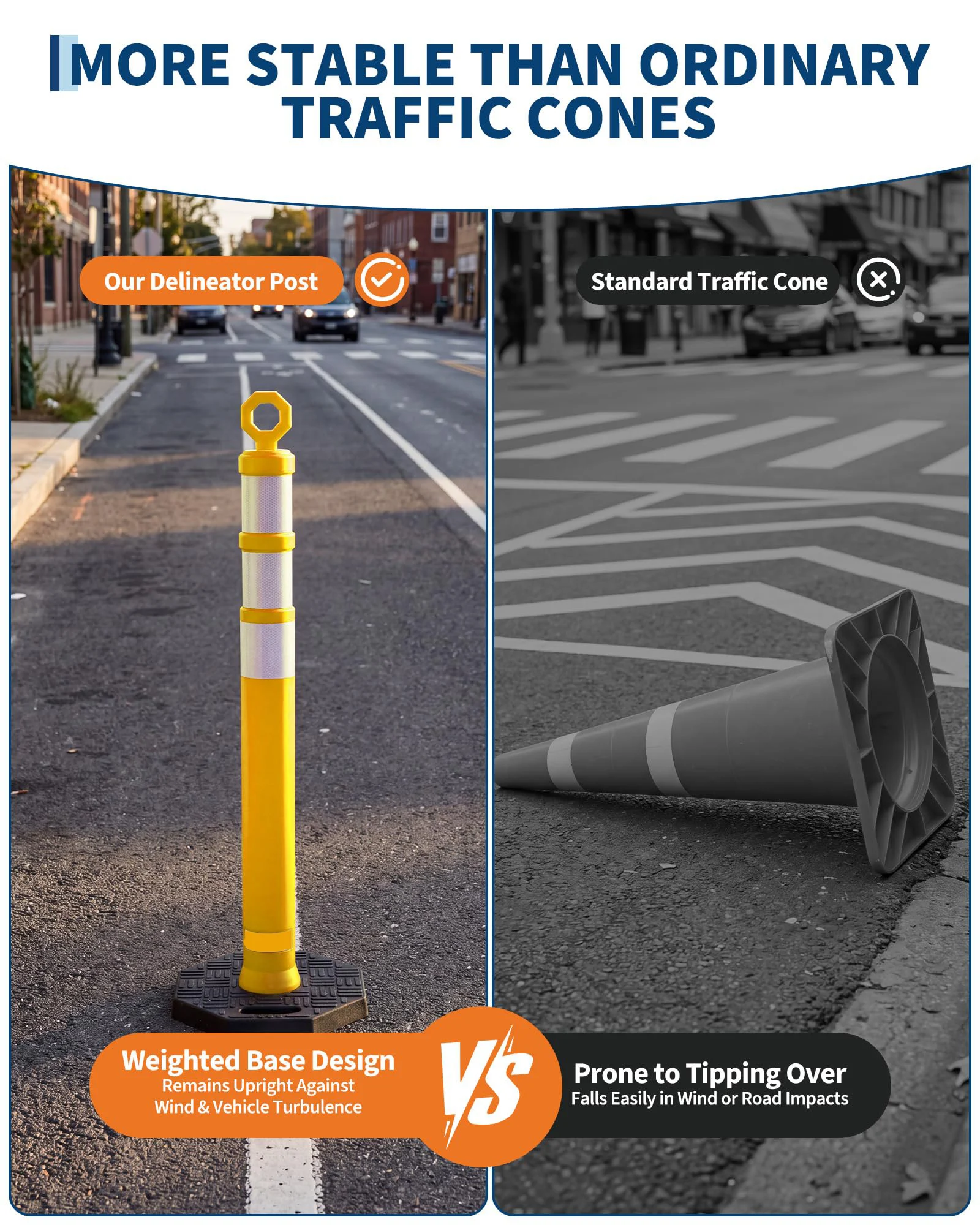 47-Inch Heavy-Duty Circulation Delineator Posts with Polygon Base, Outdoor Channelizer Safety Cones for Parking, Roadwork & Construction Zones