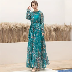 2024 Boho Floral Print Party Dress Women Vestidos Elegant Fashion Loose Chiffon Long Sleeve Muslim Abaya Islamic Clothing Robes