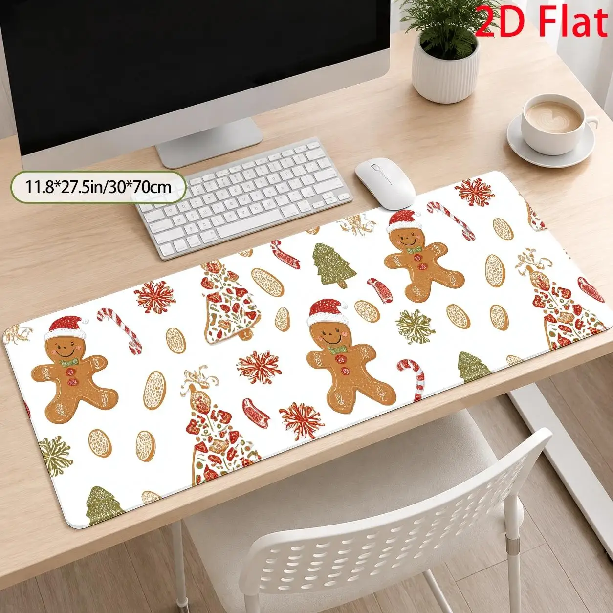 2D Flat, Christmas Gingerbread Man Large Mouse Pad, Gingerbread Cookie Pattern, Festive Hand-Drawn Design, Holiday Season Decor, Stain-Resistant, Comfortable
