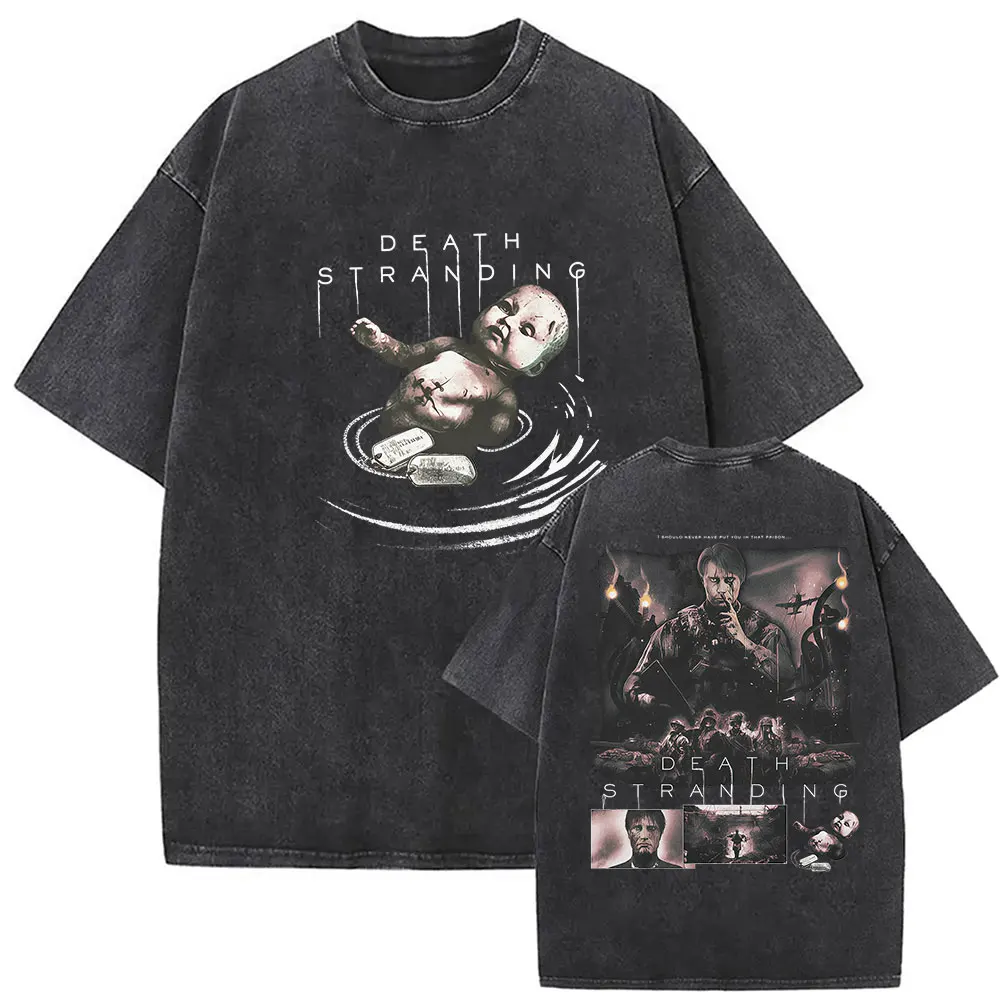 Vintage Washed Death Stranding 2 Game Graphic T Shirt Men's Gothic Fashion Short Sleeve T-shirt Casual Cotton Tshirts Streetwear