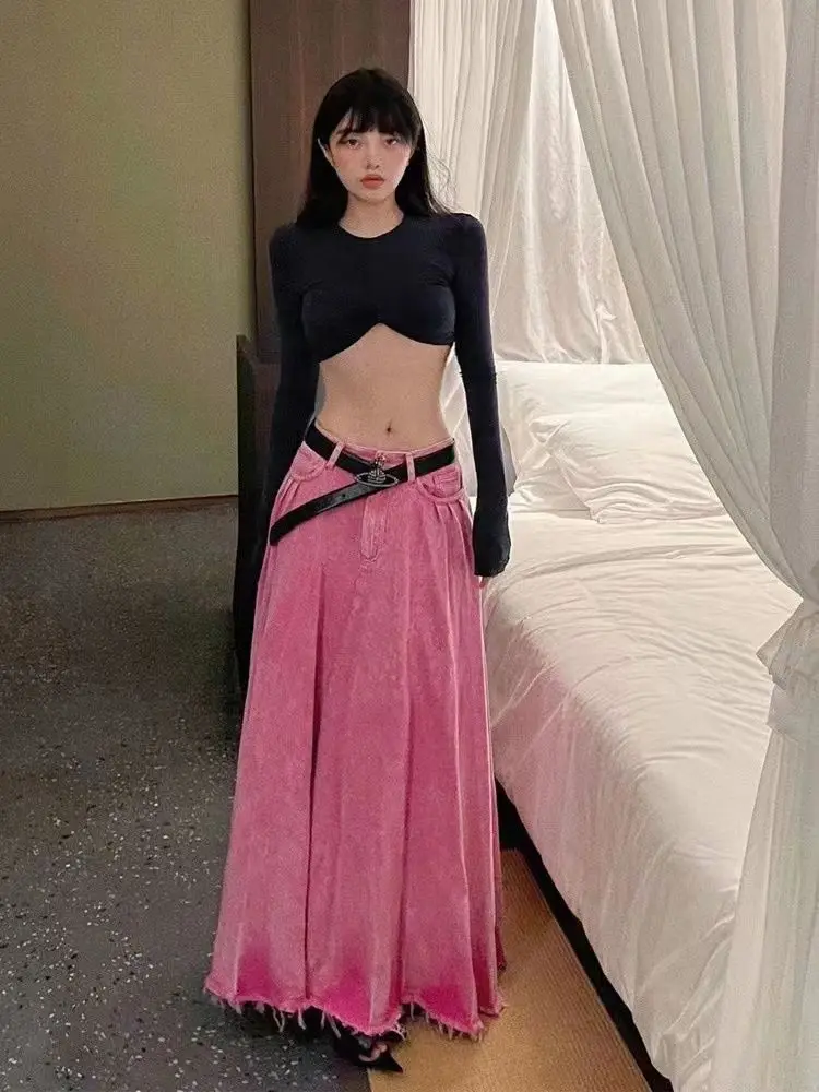 Peach Pink Ankle Denim Half Skirt for Women Spring Autumn New Fashion  Sweet Spicy A-line Low Waist Long Skirt Women Clothing