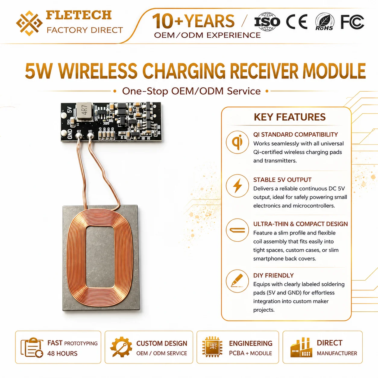 5V 5W UltraThin Wireless Charging Receiver Module with Coil Qi RX Wireless Power PCBA For Small Electronics Battery Modification