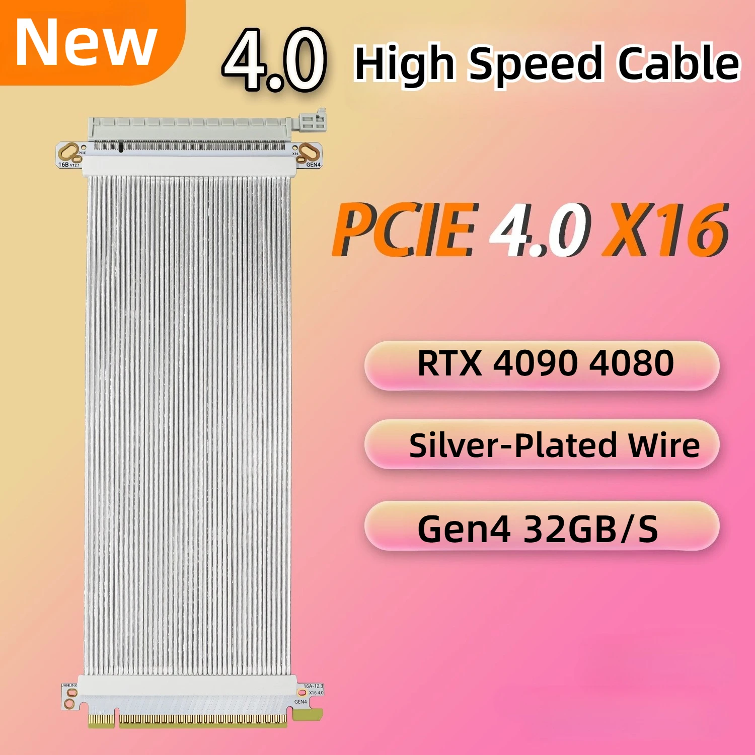 White Full Speed PCIE 4.0 16X Graphics Card Silver-Plated Extension Cable Adapter Chassis Expansion Port 180 Degree 10-60CM Cord