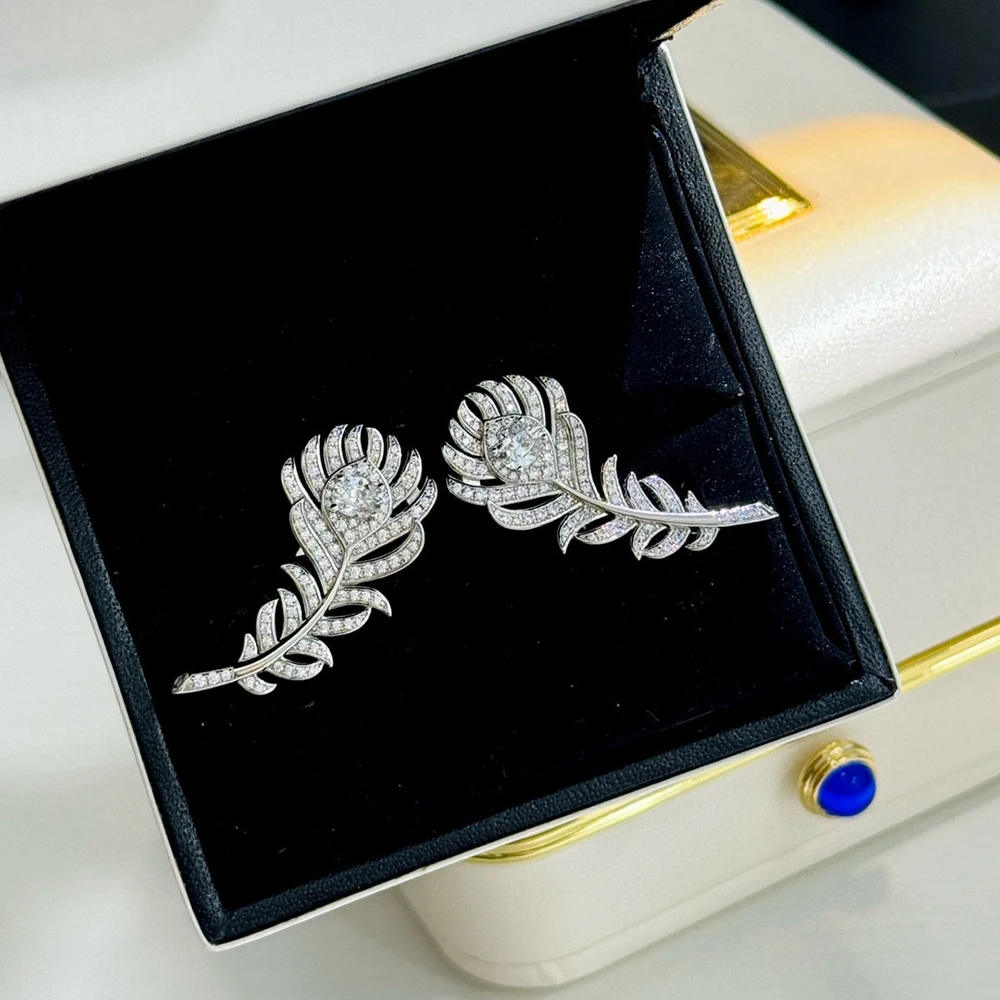 New Pure 925 Sterling Silver Jewelry Bohemia Feather Earrings Luxury Design Wedding Fashion Party Silver Diamond Earrings