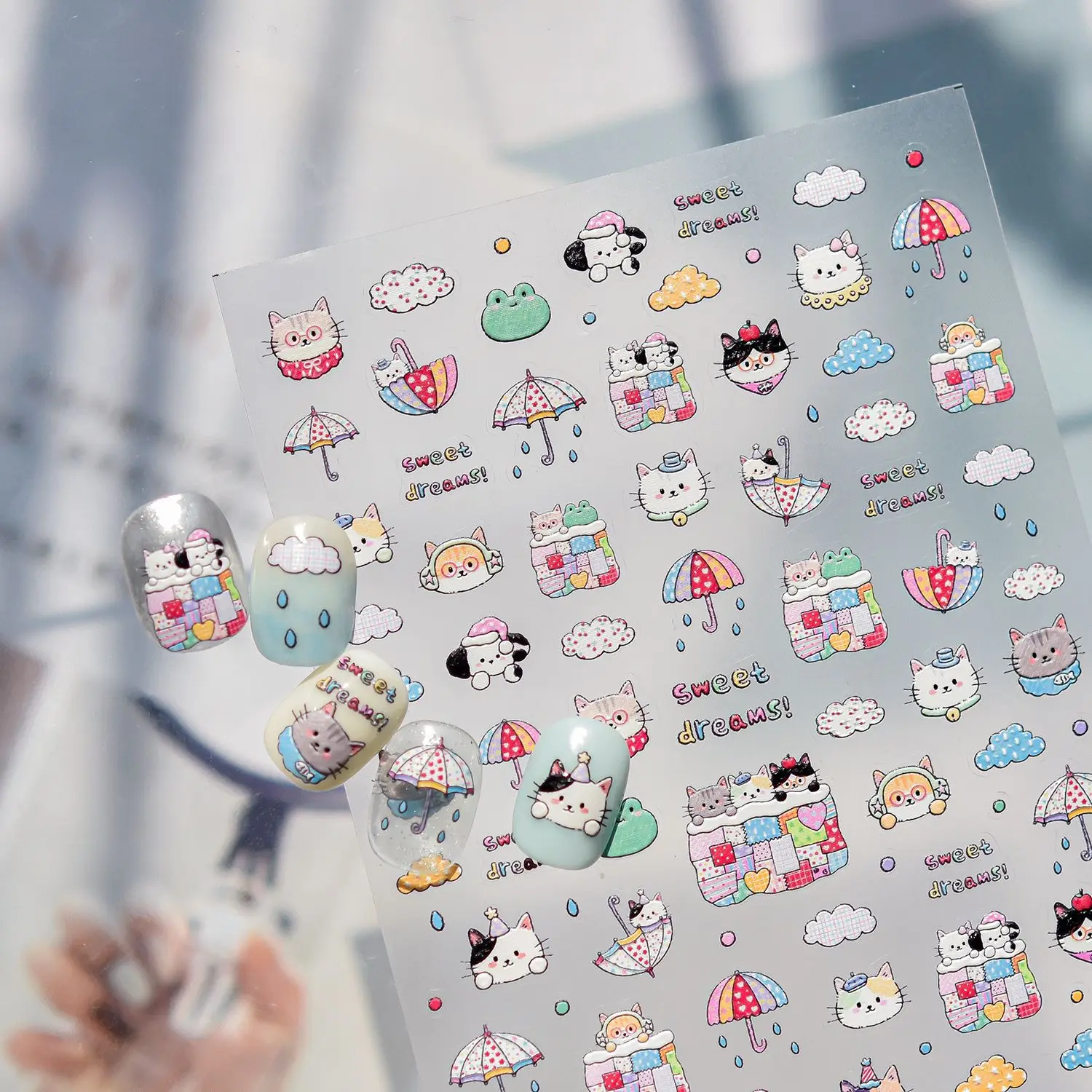 5D Embossed Nail Stickers Lovely Cat Rainy Umbrella Quilt Colorful Flower Sweet Dream Nail Art Sticker Manicure Decorati Decals - view 6