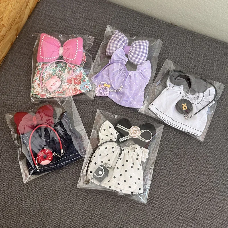 

For 3.0 Labubu Outfit Checkered Overalls Dress Set Doll Accessories Cute Clothes