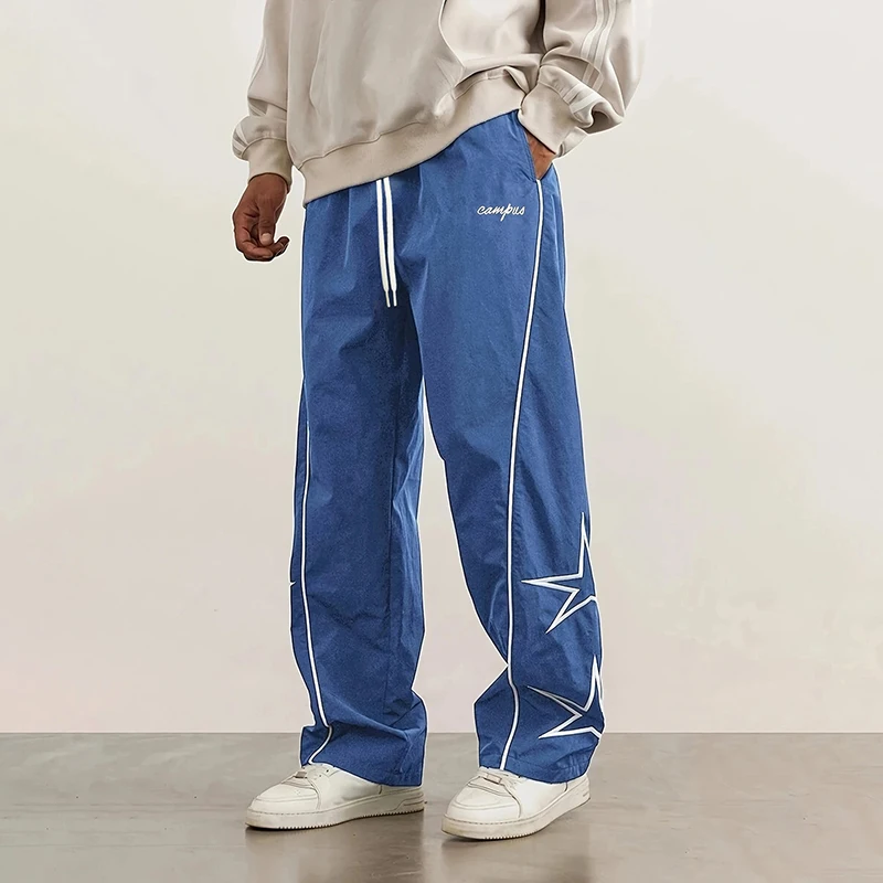 อเมริกัน Casual Baggy กางเกงผู้ชายกางเกง Cargo High Street Drawstring Workwear อินเทรนด์หลวมอเนกประสงค์ตรงกางเกงขากว้าง