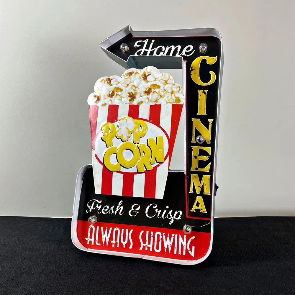 Popcorn Vintage Retro Tin Signs, Handmade Light Up Metal Sign, Popcorn led sign, for Home Theater Living Room Pub Wall Decor
