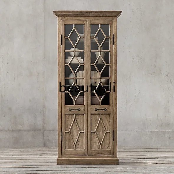 

American Country Style Solid Wood Bookcase French Antique Villa Oak Bookcase Double Door Storage Cabinet