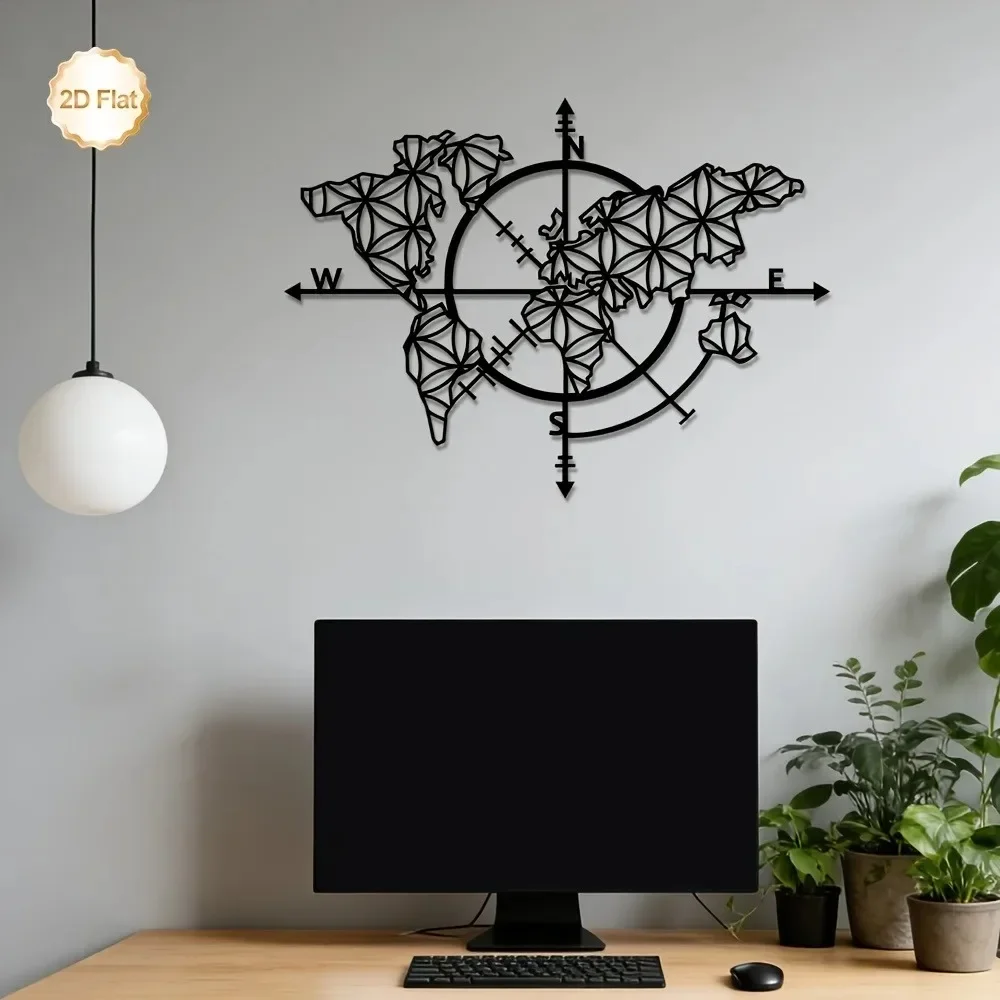 CIFBUY Iron Metal Wall Art World Map Compass Sculpture Decor 2D Home Office Hanging