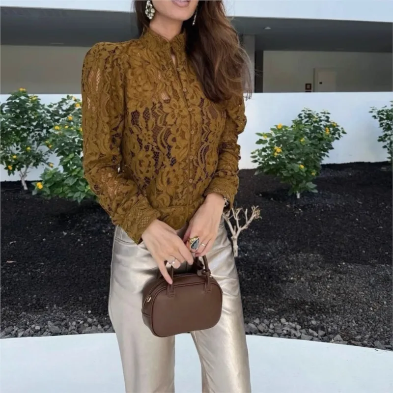 

Elegant Solid Lace Crochet Slim Women Shirt Autumn Sexy Sheer Single Breasted Long Sleeve Blouses Office Lady Casual Shirts 2025