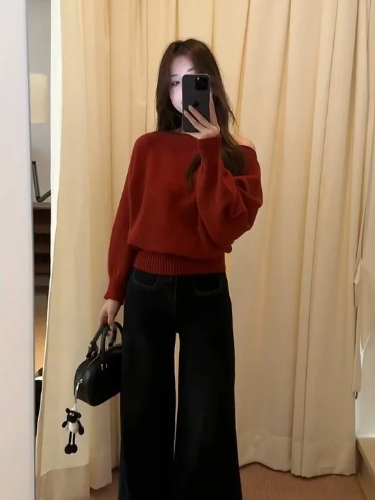 Cisas Nieuwjaar oulder Bared Sweater Dames Los Gebreid Lang Sve Herfst Winter Warm Aosphere Feeling