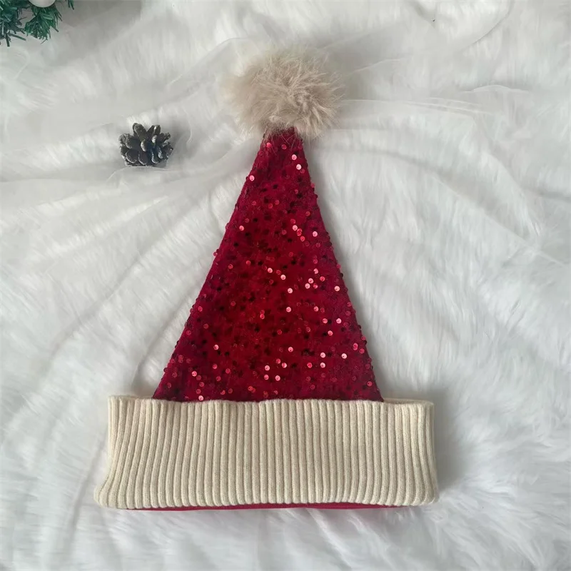Gorro de Papá Noel, sombreros de Navidad, sombrero de fiesta de Navidad, gorro tejido con purpurina roja para adultos, mujeres, hombres, decoración de Año Nuevo, suministros para fiestas