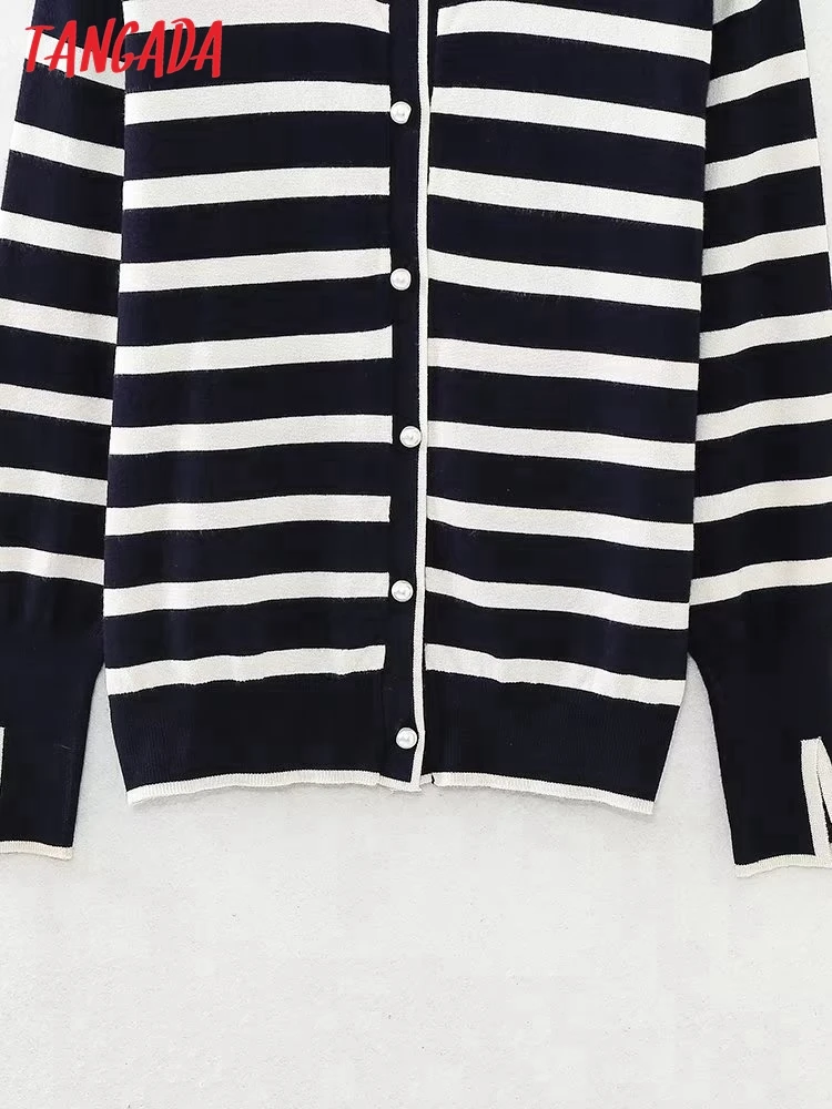 Tangada 2023 Autumn Women Classic Striped Knit Cardigan Sweaters Long Sleeve Female Outerwear 6H452