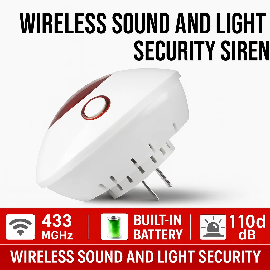 433MHz Wireless Siren Strobe Alarm | 110dB Sound & Flash | Plug-in AC Outlet | Built-in Battery Backup | EU/US Plug