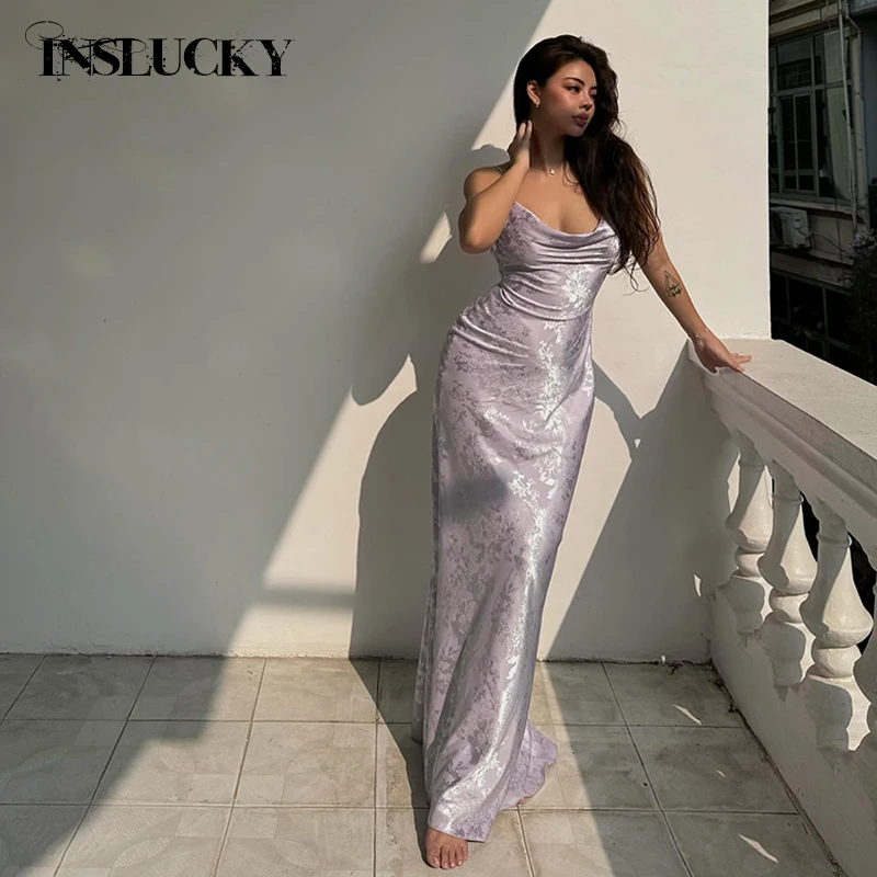 InsLucky-Vestido largo de satén con tirantes finos para mujer, traje elegante sin mangas con estampado de flores, color púrpura, para fiesta de noche