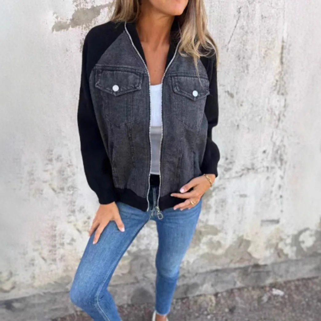 سترة نسائية من قماش الدنيم المرقعة موضة ربيع 2025 معطف متعثر كبير الحجم مع زر إغلاق (جاهزة للشحن)