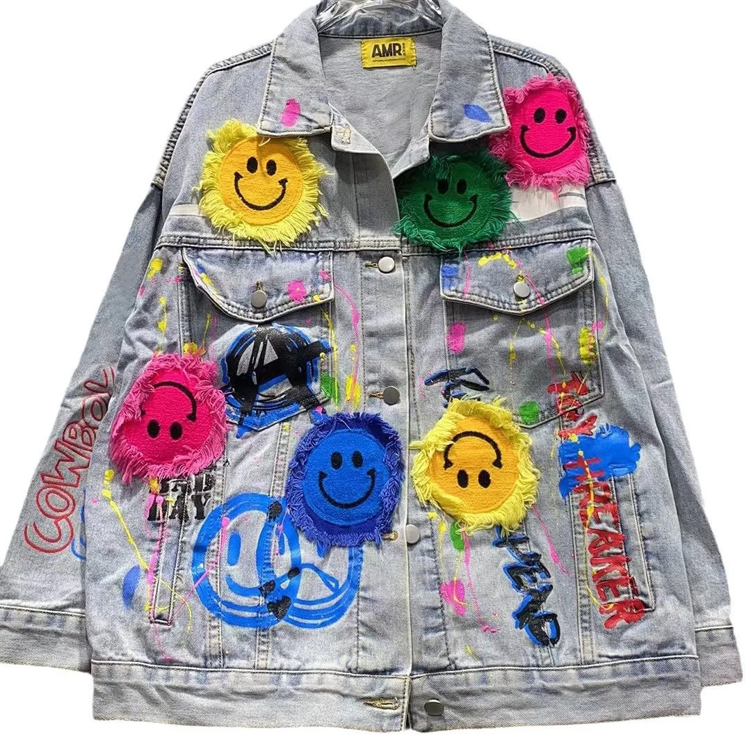 Europees en Amerikaans gepersonaliseerd spijkerjack voor dames, heavy-duty patch graffiti smiley gezicht trendy merk lichte luxe j