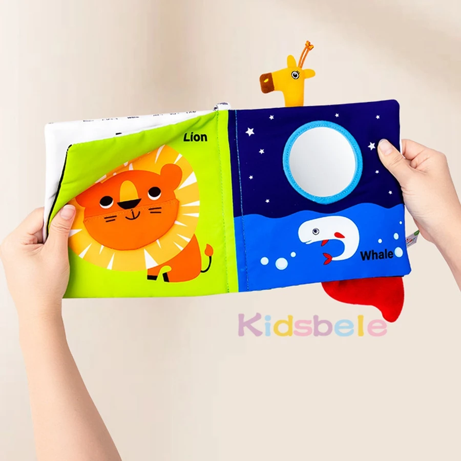 Libro in stoffa morbida per bambini con code di animali, pagine sensoriali increspate Libro di apprendimento ad alto contrasto per neonati, giocattolo da appendere per passeggino/culla