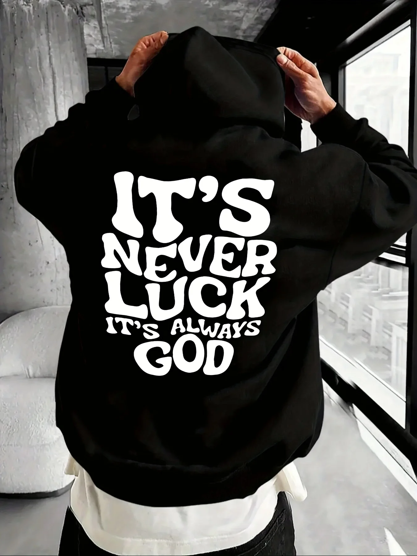 Men's retro rounded-font printed hip-hop sportswear casual relaxed trendy daily street style hooded sweatshirt