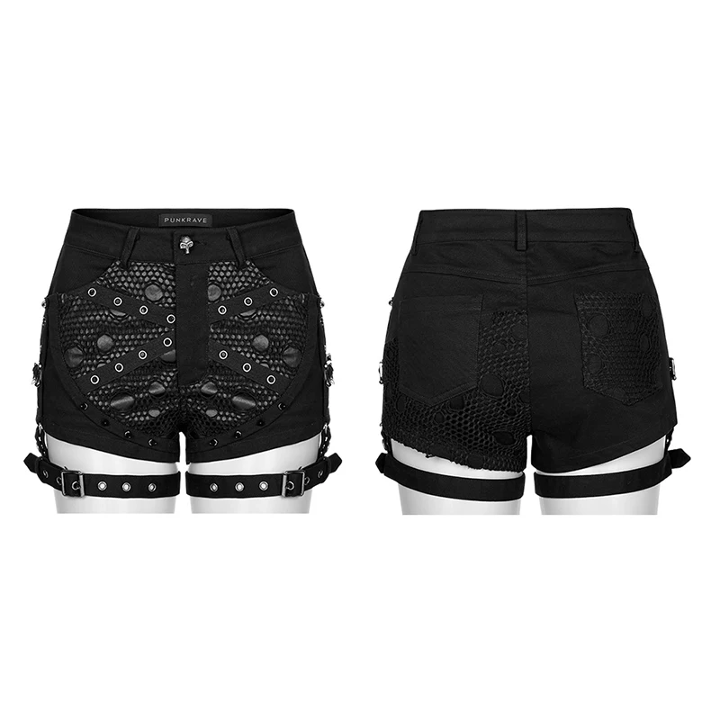 PUNK RAVE Women Punk Black Tight Shorts Fishnet Patch Rivet Hardware Strap Gothic Skinny Hot Pants WK545