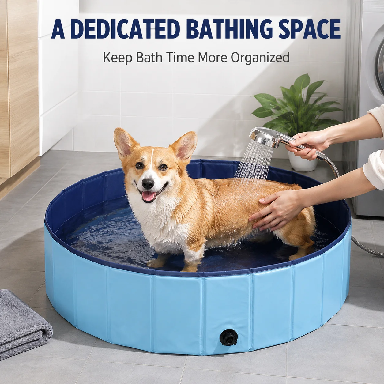Foldable Dog Bath Tub 80x20cm Portable Pet Bathing Pool with Drain Valve No Inflation for Small Medium Dogs Indoor Outdoor