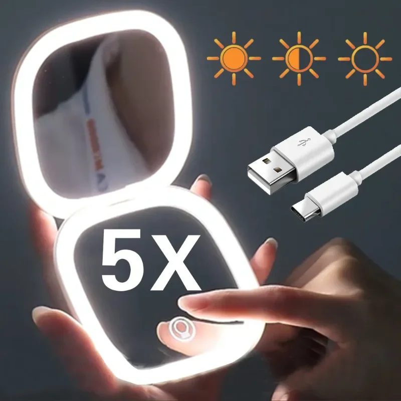 

White Portable Mini LED Makeup Mirror - Foldable, 5X Magnifying, and Convenient for Travel - Ideal for On-the-Go Grooming with B