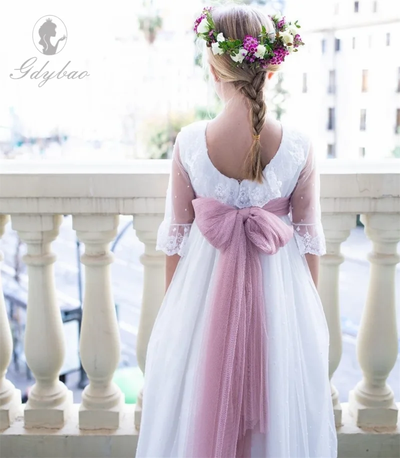 Vestido elegante de encaje con espalda descubierta para niña, manga 3/4, lazo, flores, boda, fiesta de cumpleaños, primera comunión