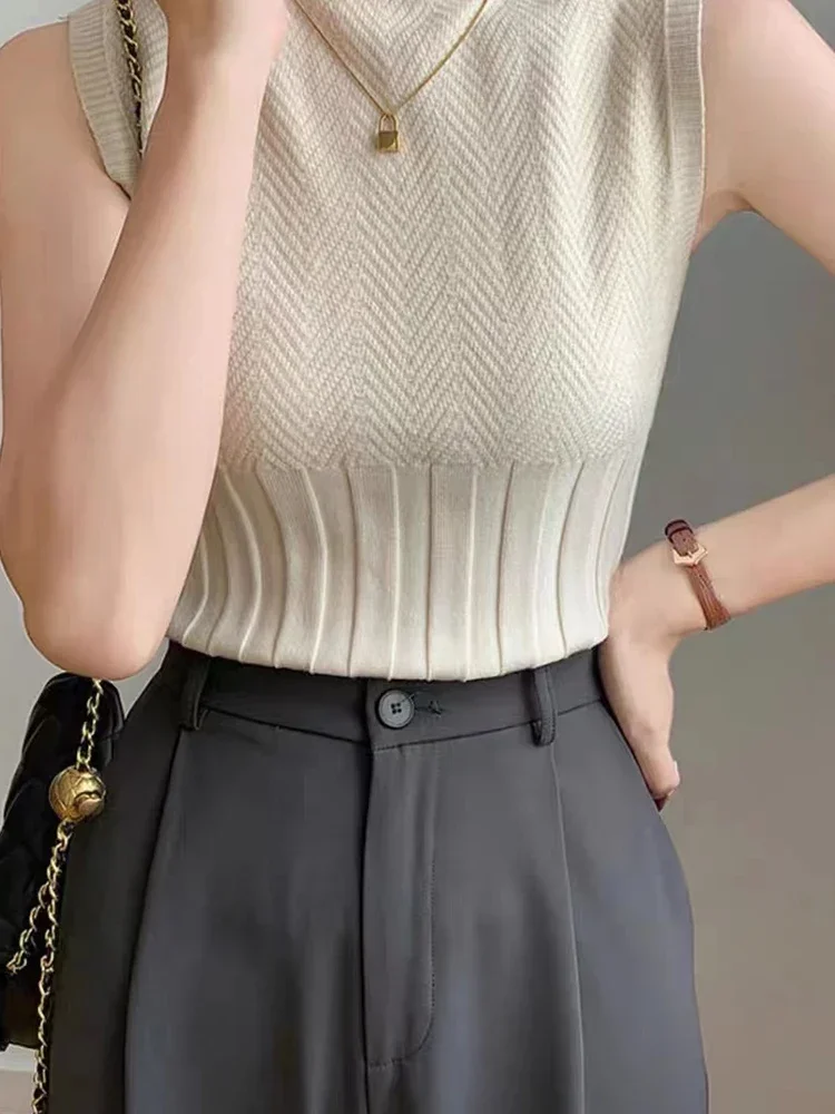 Women Knitted Crop Top Black Tank Top 2024 Summer Clothes Spring Sleeveless Half Turtleneck Camisole Sexy White Top Office Lady