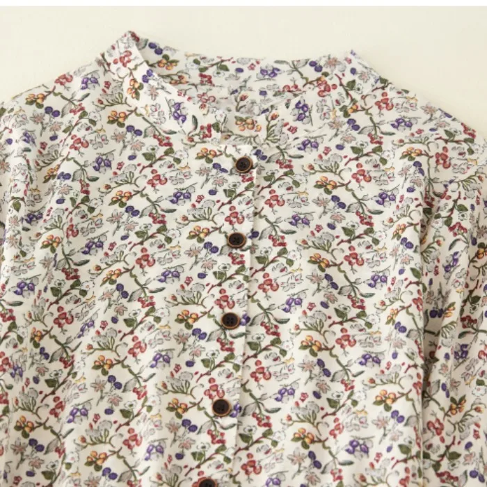 Anti-Aging Floral Cotton Linen Long Waist-Cinching Stand Collar Summer Dr Button-Up Slimming irt Dr for Women